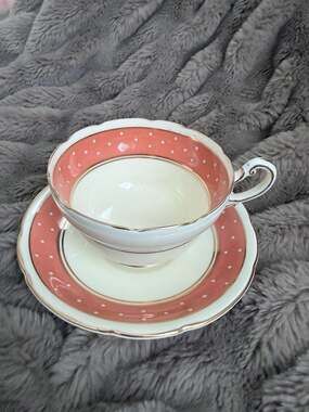 Vintage 1940s Paragon Fine Bone China Teacup and Saucer Set – Pink & White Polka